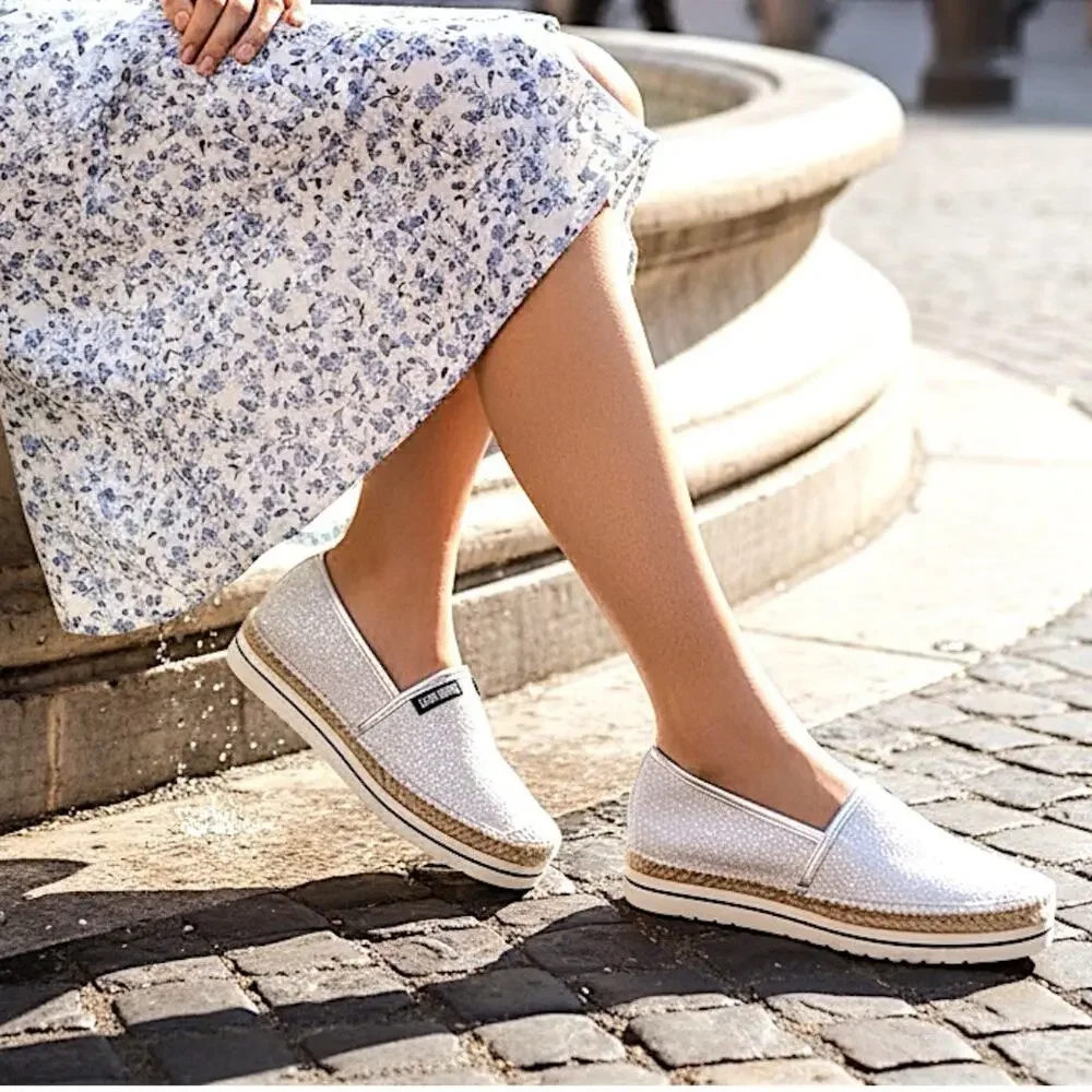 Love Moschino White Glitter Espadrille Platform Slip On Loafers Silver Women’s 6